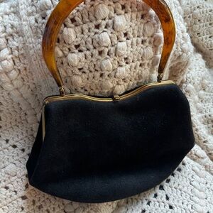 Vintage Gem! Elegant Black Suede Handbag with Tortoise Shell Handle